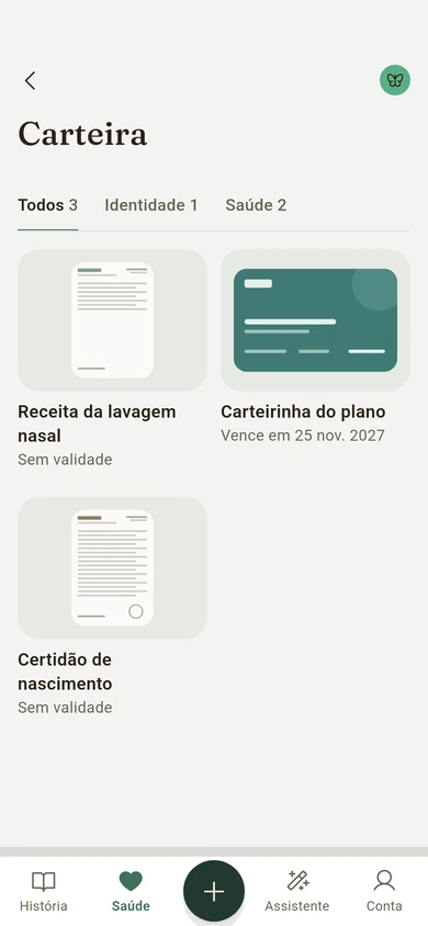 A Carteira da Lia: a receita da lavagem nasal, a carteirinha do plano, que vence em 24 nov. 2027, e a certidão de nascimento.