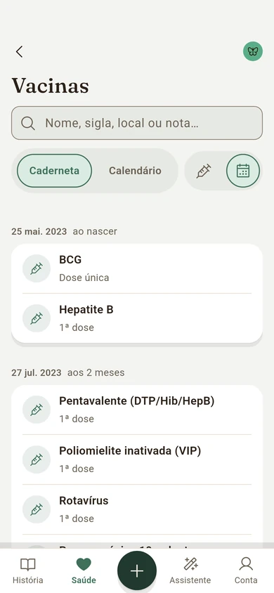 A caderneta de vacinas da Lia, por data: BCG e hepatite B ao nascer, e as doses dos 2 meses.